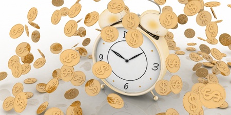 Alarm clock and money on white. Concept,  time is  money.の写真素材