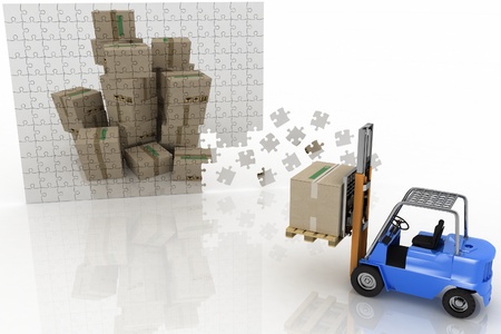 boxes shown in the plane of the puzzle and forklift with a load on a white backgroundの写真素材