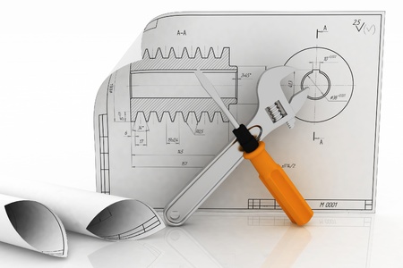 3d wrench and screwdriver with drafts. Illustration on white.