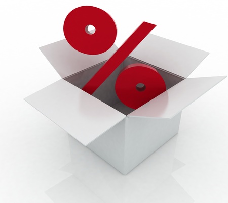 Cardboard box with percent sign on a white background.の写真素材