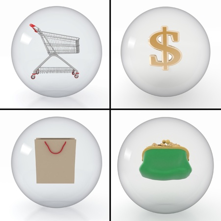 set of different objects for a purchase in a shop in transparent ballsの写真素材