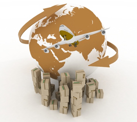 airliner with globe with boxes on white  3d global business commerce conceptの写真素材