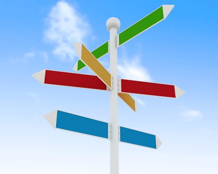 Direction road signs on blue sky  background  3d render illustrationの写真素材