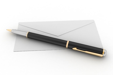 3d render illustration mail envelope and pen isolated on white backgroundの写真素材