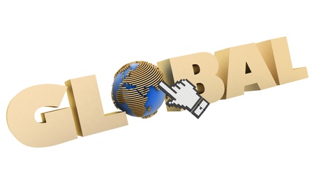 3d illustration of word with a globe and  mouse cursor on a white backgroundの写真素材