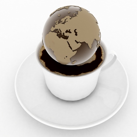 coffee cup with a globe on a white backgroundの写真素材
