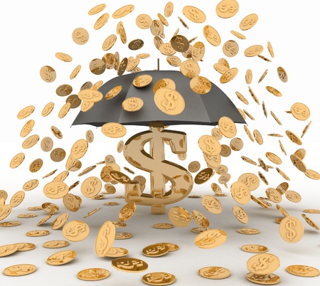 umbrella in the rain of coins  3d illustration on white background の写真素材