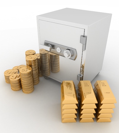 closed safe with dollars and   bullions on white backgroundの写真素材