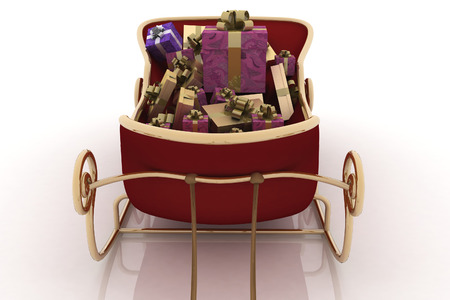 Christmas Santa sledge with gifts on a white backgroundの写真素材