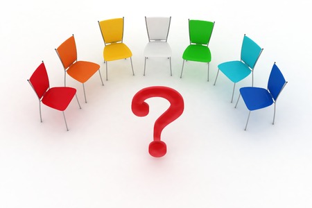 Multicolored office chairs are put by a half-round with the question-mark in a center の写真素材