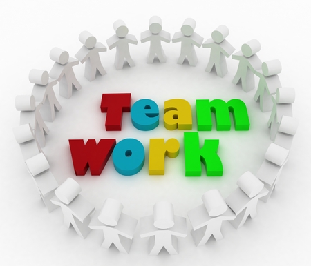 People stand around a word teamwork  Conception of cooperation is in a command  3d illustration on a white background の写真素材