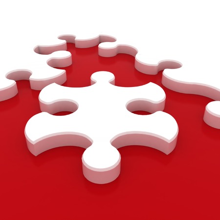 White puzzle on red background  Isolated 3D imageの写真素材