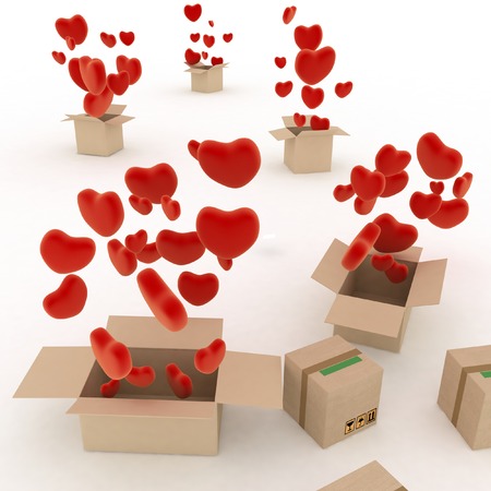 Hearts flying out of boxes  3d render illustration on white の写真素材