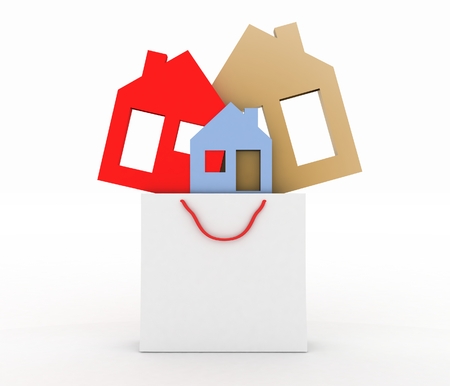 3d model house symbol set in a paper shopping bagの写真素材