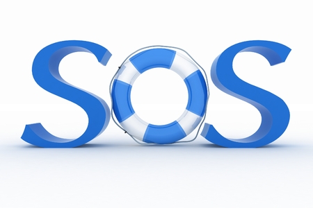 Blue text SOS with life belt on the white .の写真素材