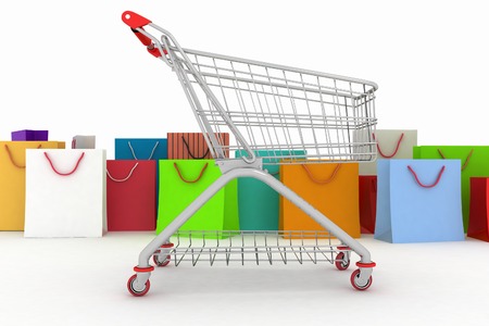 3d render shopping cart and shopping bagsの写真素材