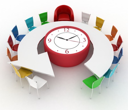 3d arm-chair of chief and group of office chairs at a table as an clock put by a half-roundの写真素材