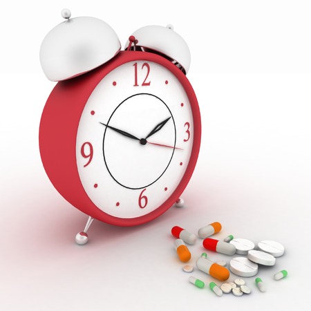 Medicine pills and red retro alarm clock  Conception of reception of pills on hours  3d render...