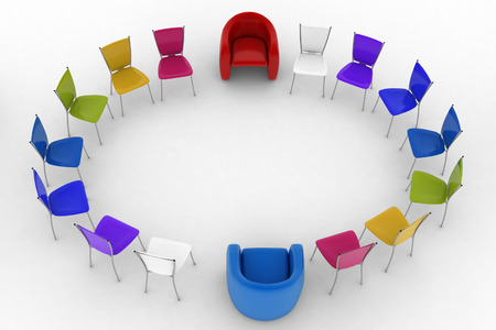 Two arm-chairs of chief and group of multicolored office chairsの写真素材