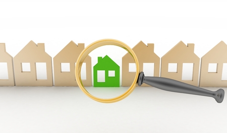 Magnifying glass selects or inspects a eco-home in a row of houses. Concept of search of house for residence, real estate investment, inspection.の写真素材