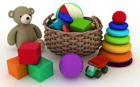 3d render illustration of child's toys in a small basketの写真素材
