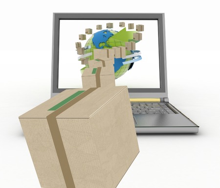 Concept of online goods orders worldwide. 3d illustration on white backgroundの写真素材