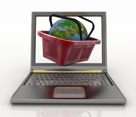 Basket of visit of shop with globe in a notebook. Concept of purchases of commodities in the Internet in the whole world. 3d illustration.の写真素材
