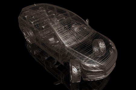 Car model on black background with reflectionの写真素材