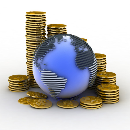 Globe with many gold coinsの写真素材