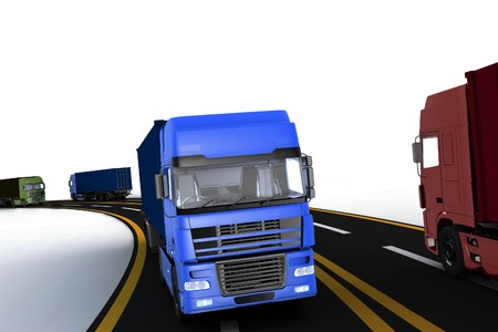 Trucks on freeway. 3d render illustration. Concept of logistics, delivery and transporting by freight motor transport.の写真素材