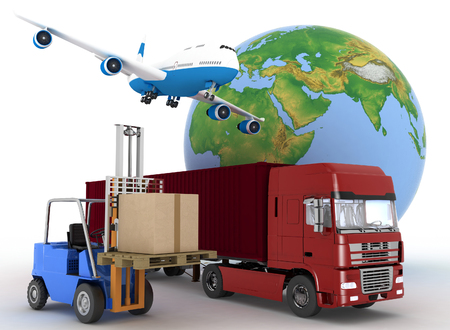 Airliner with a globe and auto loader with boxes. 3d image on a white backgroundの写真素材