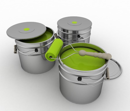 Buckets with green paint and roller. 3D render illustration on white background.の写真素材