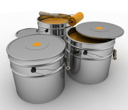 Buckets with orange paint and roller. 3D render illustration on white background.の写真素材