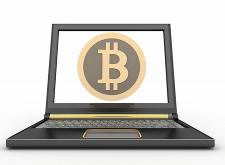 Laptop with a bitcoin icon. Online shopping consept. 3d illustration on white backgroundの写真素材