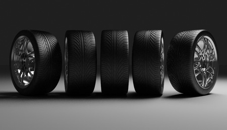 Car Wheels. Concept design. 3D render Illustration on Dark Background.の写真素材