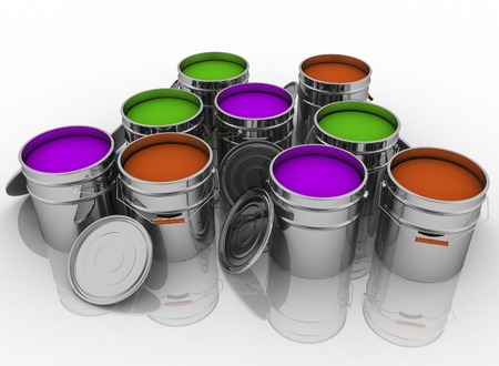 Open buckets with a paint. 3D render illustration on white background.の写真素材