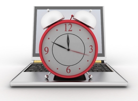 Laptop and clock. 3d illustration on white backgroundの写真素材