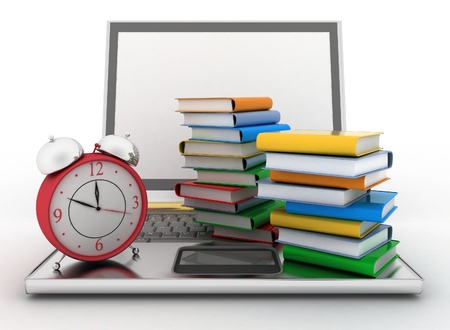 Laptop, books and clock. 3d illustration on white backgroundの写真素材