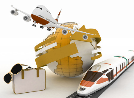 3d suitcase, airplane, train and globe. Travel and vacation concept. Trendy signs - summer and journeyの写真素材