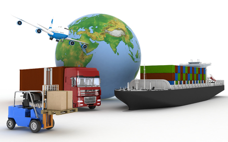 Cargo ship, truck, plane and loader with boxes. 3d imageの写真素材