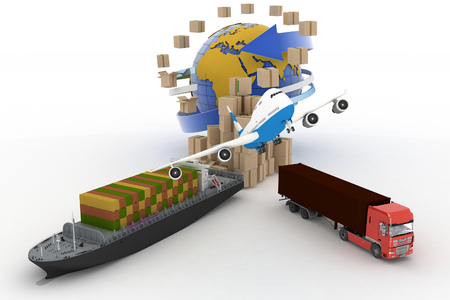 Cardboard boxes around globe, cargo ship, truck and planeの写真素材