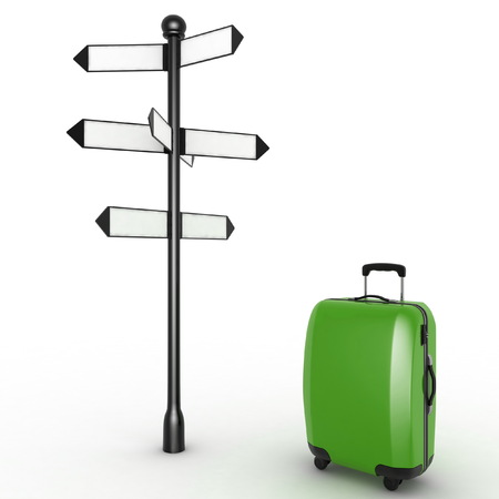 Travel concept. Signpost and suitcase on a white background. 3d render illustrationの写真素材
