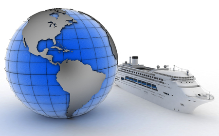Luxury cruise ship on globe background. 3d render illustrationの写真素材