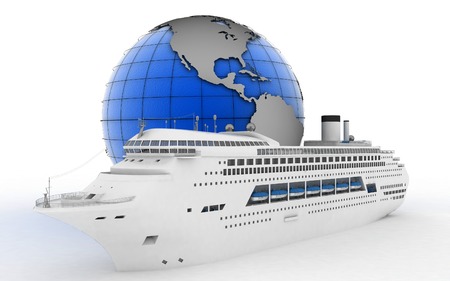 Luxury cruise ship on globe background. 3d render illustrationの写真素材