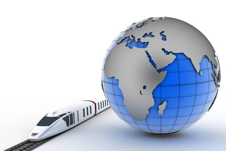 Globe and train. 3d render illustrationの写真素材