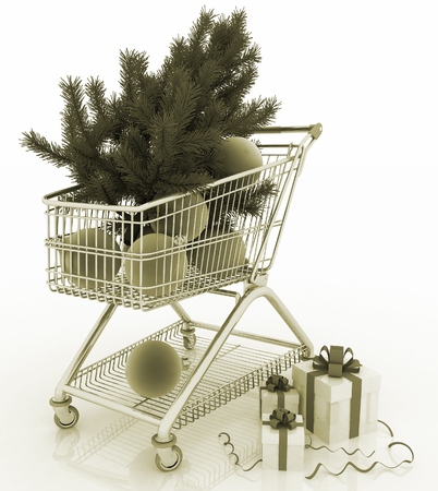 Shopping cart full with christmas balls with fir-tree and gift boxes. 3d illustrationの写真素材