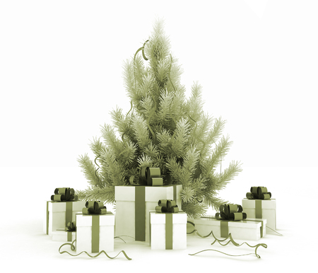 3d illustration of christmas tree and gift boxes on white backgroundの写真素材