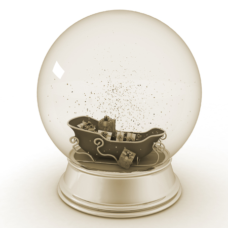 Santa's sleigh with Christmas gifts inside a snow ball. 3d illustrationの写真素材