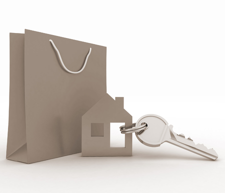 Model house symbol set with key and paper shopping bag. 3d illustrationの写真素材
