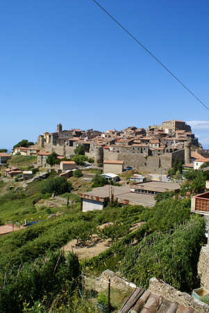 Isola del Giglio, Tuscany (Italy): aerial view of the village of Castello on a hillの写真素材